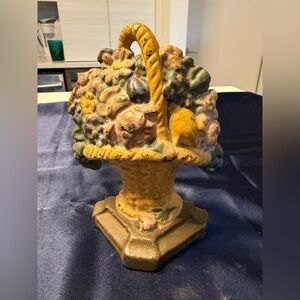 Antique Cast Iron  DOOR STOP FLORAL BASKET Painted Iron